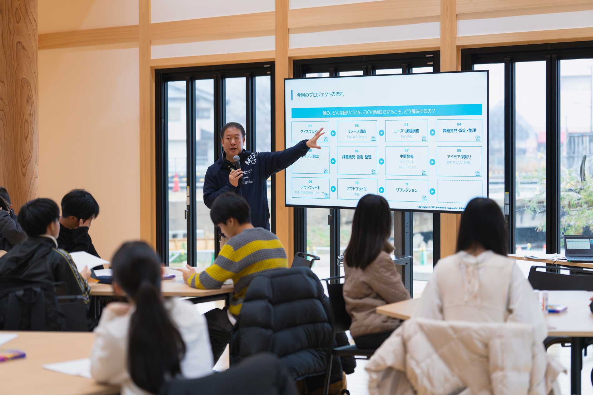 追手門学院高校×類学舎×こども起業塾コラボ企画「宇陀探究INNOVATION CAMP」で先生が話す様子